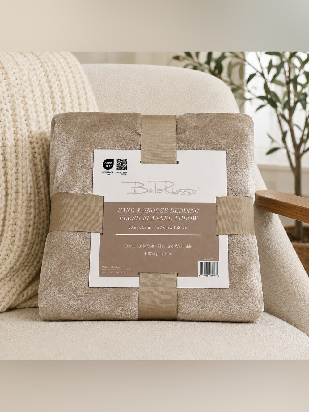 Bella Russo Sand & Snooze Plush Flannel Throw Blanket 50x60 Taupe Soft Cozy NWT